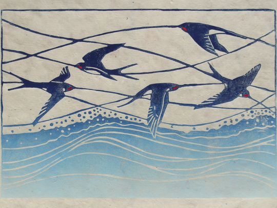 Swallows linocut print, Striped Pebble