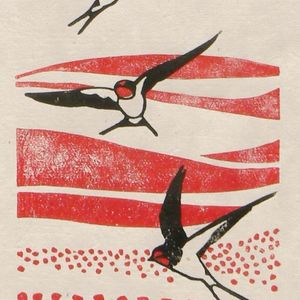 Swallows over Poppy Fields Linocut Print, Striped Pebble