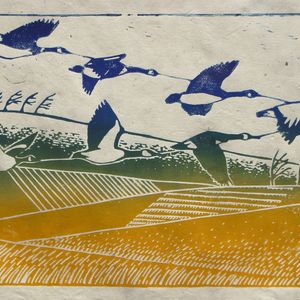 Geese Linocut Print, Striped Pebble